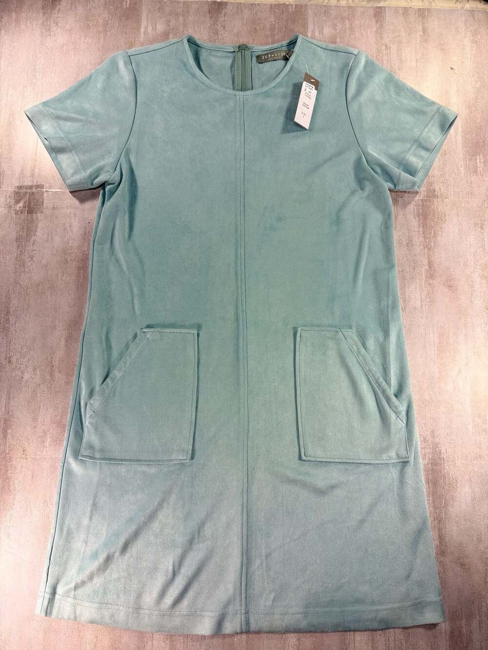 209 West 38th Seafoam Faux Suede Short Sleeve Shift Dress with Pockets